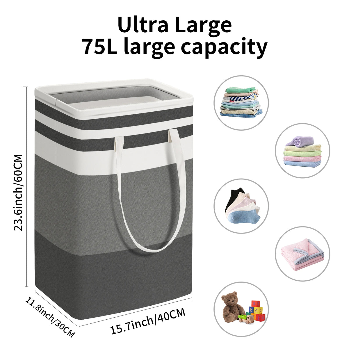 A large gray laundry hamper with white handles shown next to various items demonstrating its capacity.