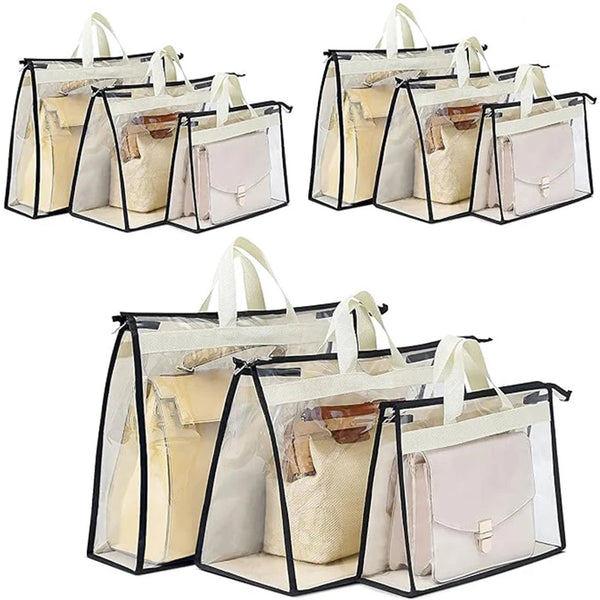 Clear plastic storage bags for handbags with hanging hooks and black frames