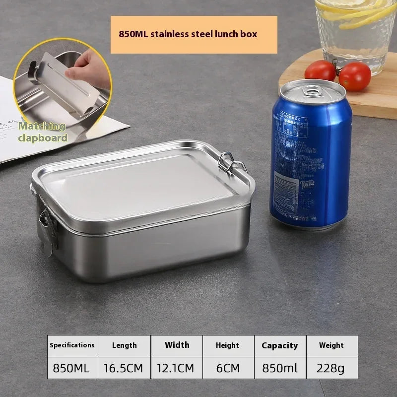 Une boîte à lunch en acier inoxydable argenté de 850ML est montrée à côté d'une canette et des spécifications.