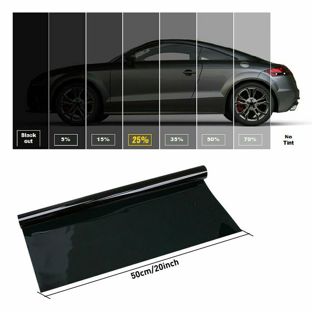 A black car window privacy film applied to a vehicle, showing various tint percentages.