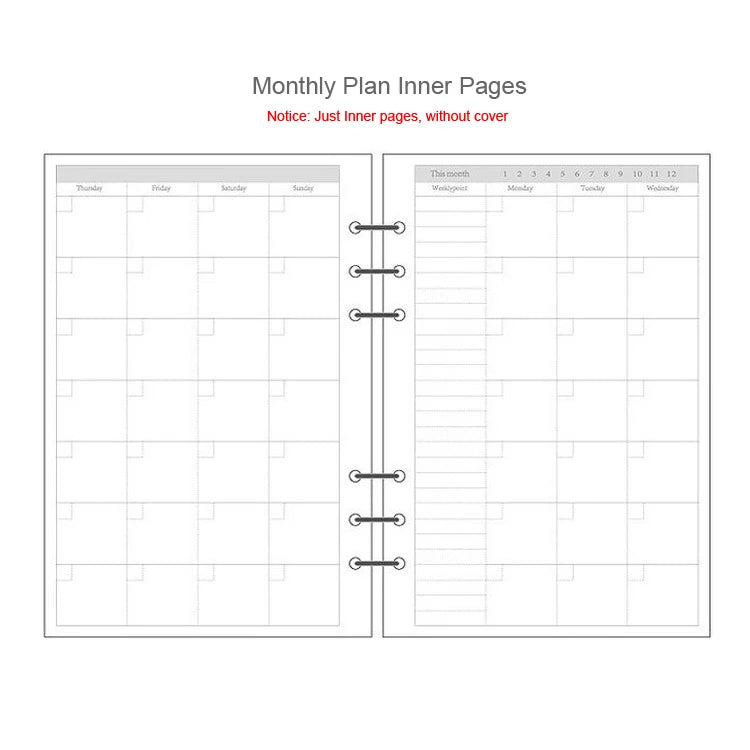 Monthly plan inner pages for a notebook, showing a grid layout for tracking.