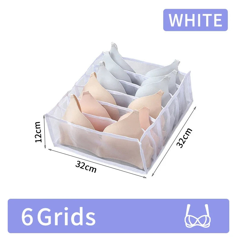 White foldable closet organizer box with six grids for storing underwear, socks, and accessories