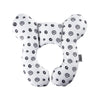 A white baby head and neck support pillow designed for car seats and travel.
