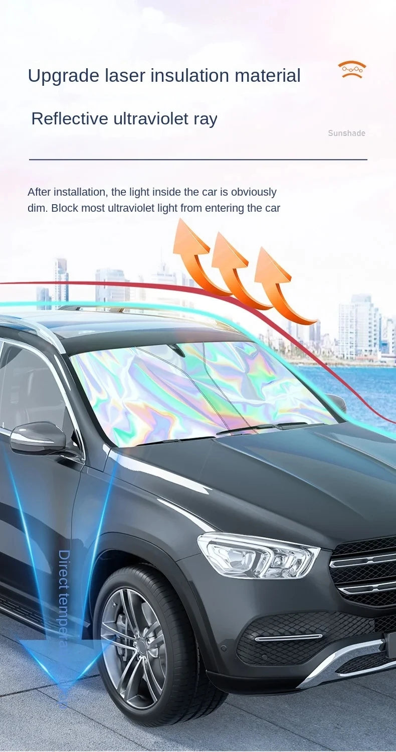 A car sunshade is installed on a vehicle windshield, blocking ultraviolet light and providing glare protection.