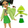 A fashion doll dress outfit featuring a green jacket and skirt, accompanied by a green frog-like accessory.