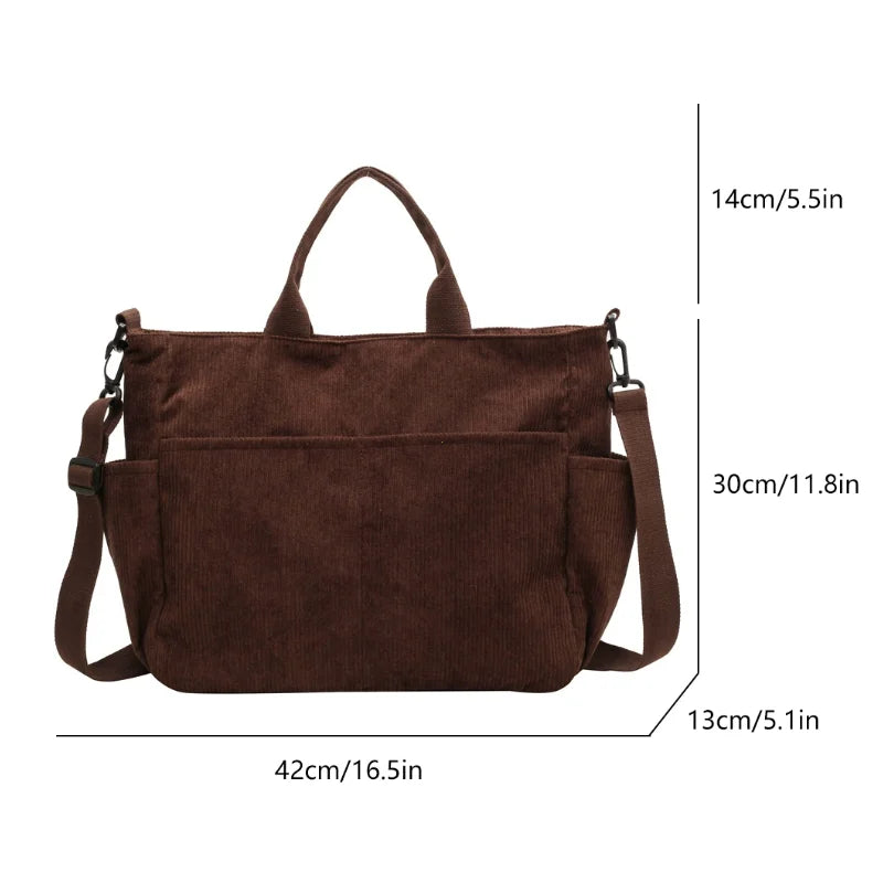 Multi-Pocket Corduroy Tote Bag – Large Capacity Casual Satchel for Travel, Work & Commute