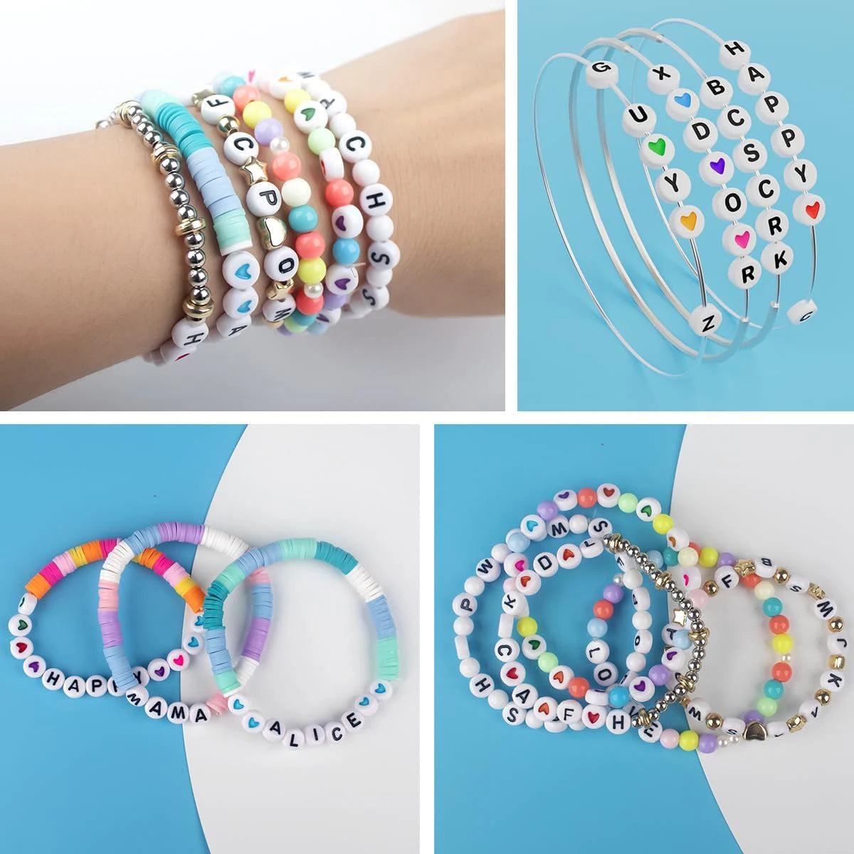 A collection of colorful acrylic alphabet letter beads and wire for jewelry making projects.