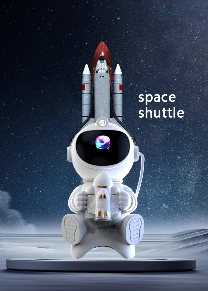 A white astronaut figure is positioned in front of a space shuttle model against a dark, starry background.