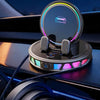 A circular car bracket phone holder with an RGB ambient light is shown mounted in a car interior