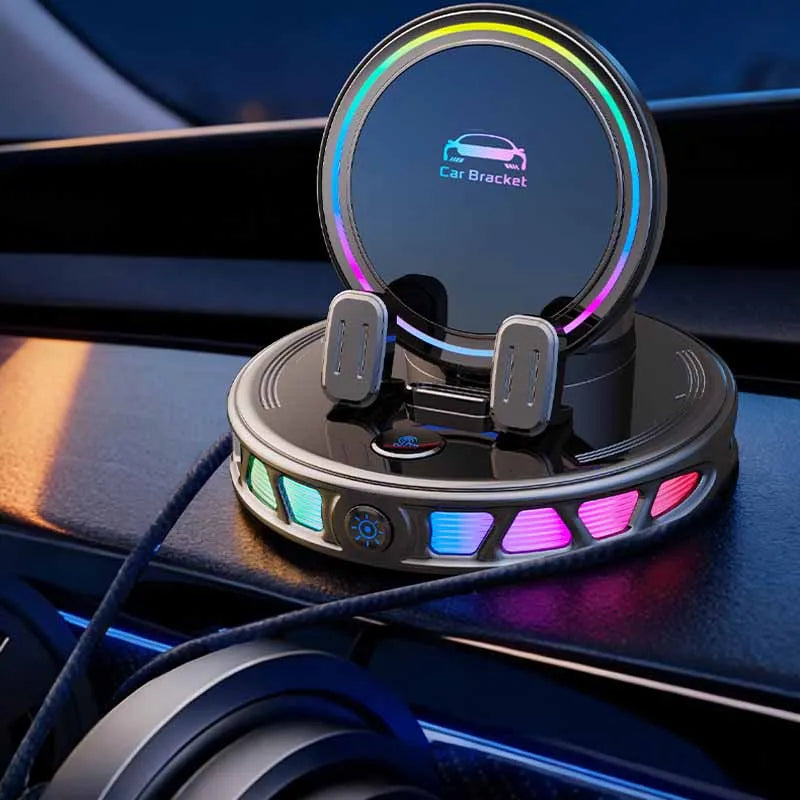 A circular car bracket phone holder with an RGB ambient light is shown mounted in a car interior