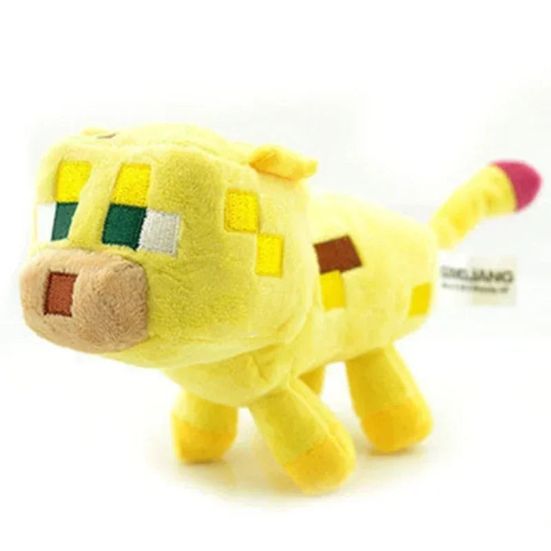 A yellow Minecraft-inspired soft plush doll resembling Steve, featuring blocky features and a brown nose.