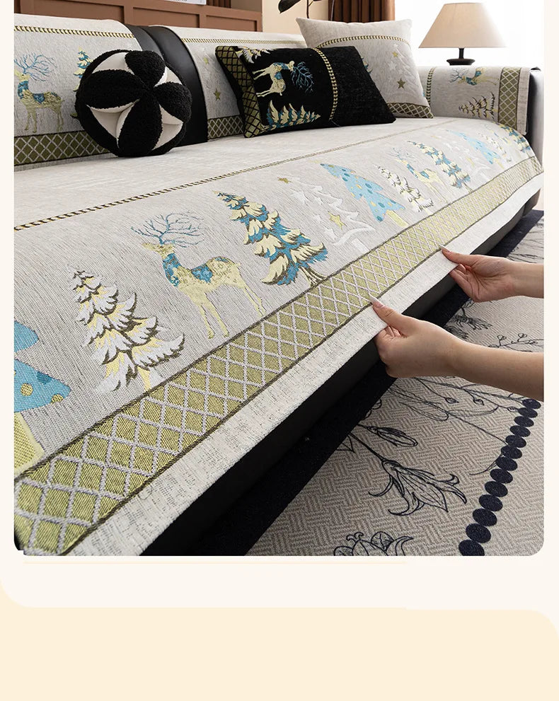 Festive Chenille Christmas Sofa Cover with Deer & Tree Pattern