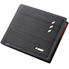 A black striped leather wallet with stitching and a card holder visible from above.