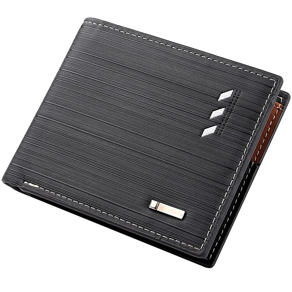A black striped leather wallet with stitching and a card holder visible from above.