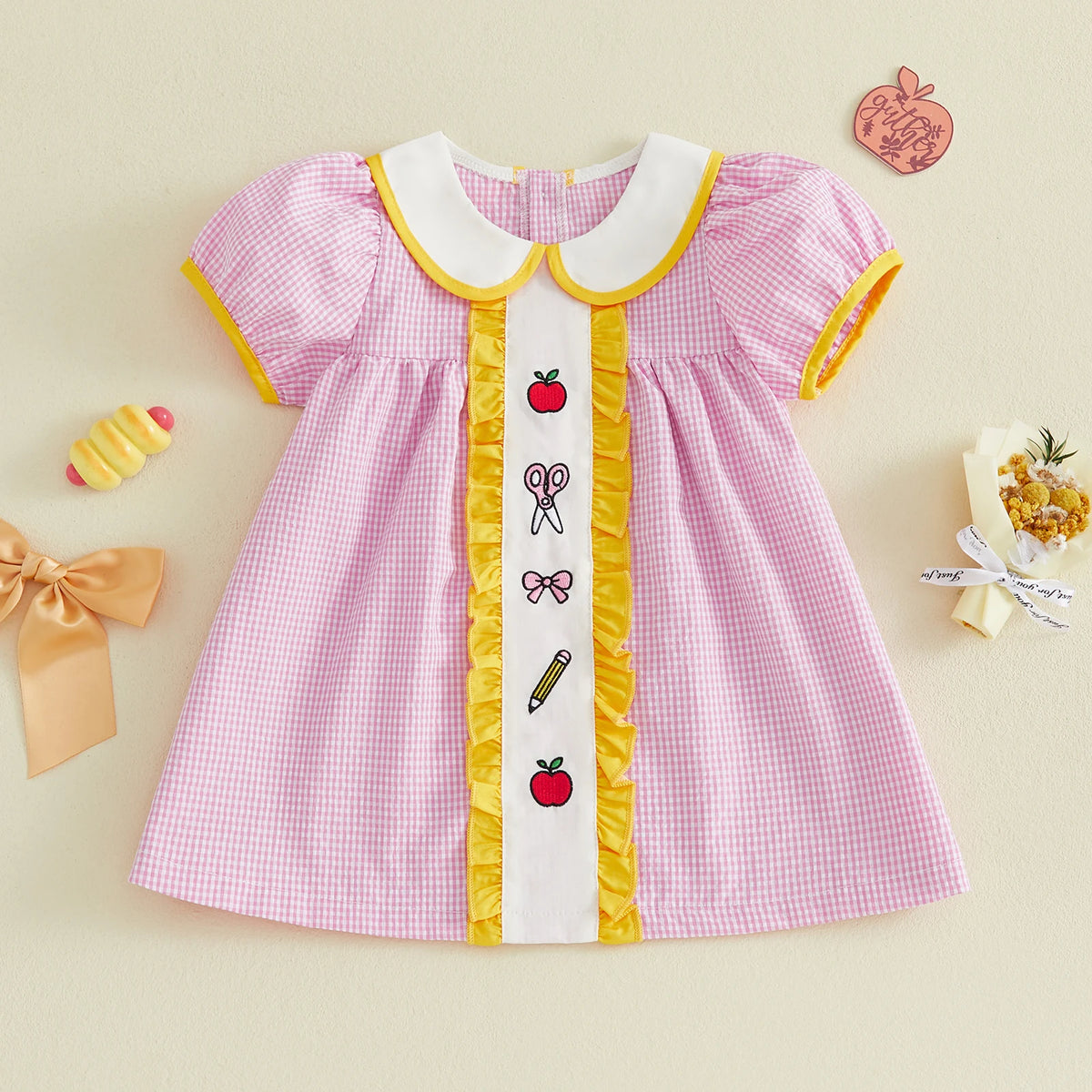 Girls Embroidered Plaid A-Line Dress with Peter Pan Collar