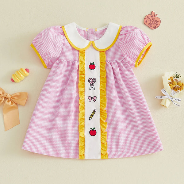Girls Embroidered Plaid A-Line Dress with Peter Pan Collar