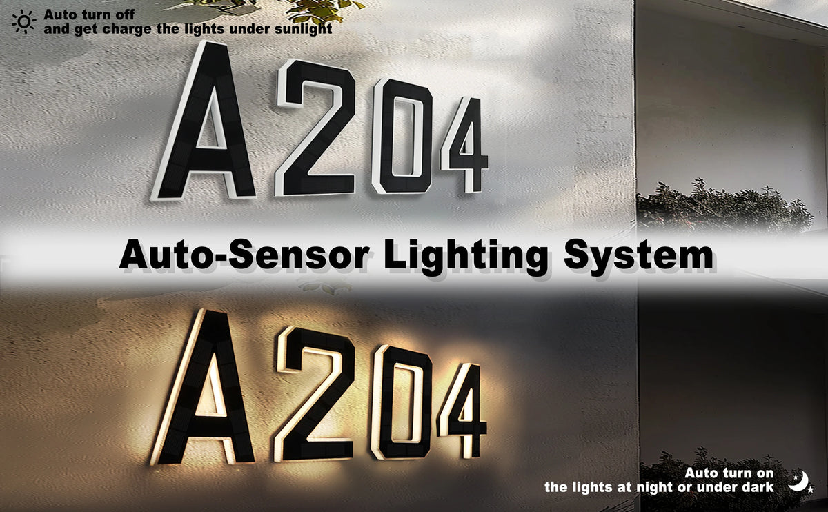 Primer plano de los números de casa iluminados A204 mostrando funciones de encendido y apagado automático.