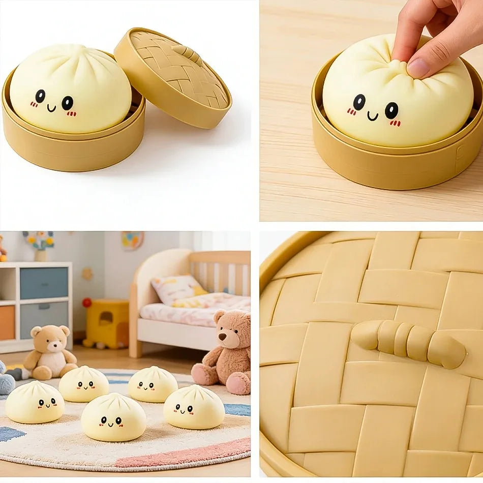 Gelbes glitzerndes Squishy-Dumpling-Sensorikspielzeug in verschiedenen Verpackungs- und Anwendungsformen