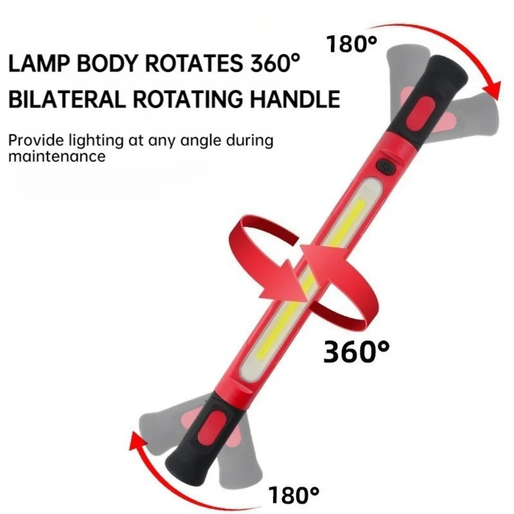 A red magnetic rechargeable COB work light with a rotating handle, shown demonstrating 180 and 360-degree rotation.