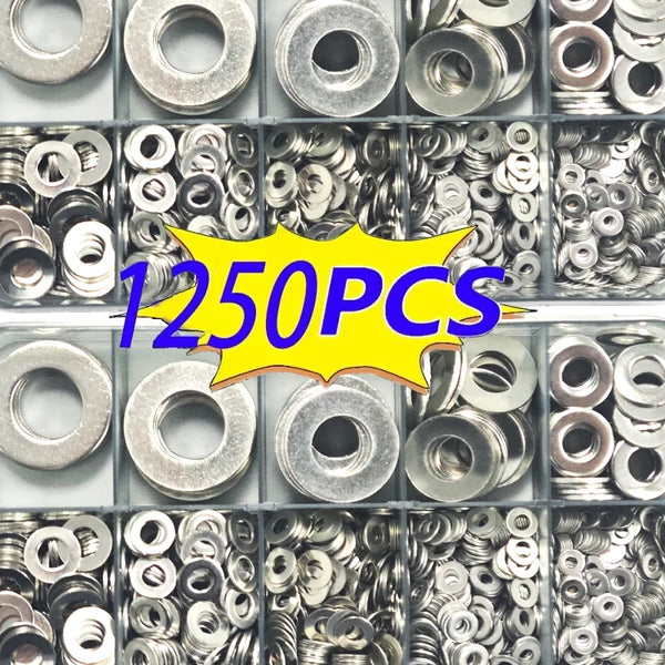 A close-up view of a kit containing 1250 precision 304 stainless steel flat washers.