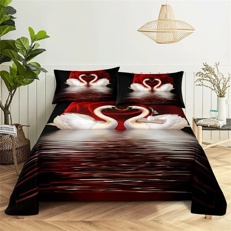A bedding set featuring a red and black design with white swan motifs.
