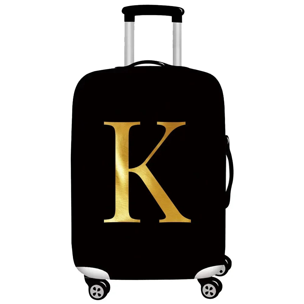Black rolling suitcase with a gold letter K print on the side.