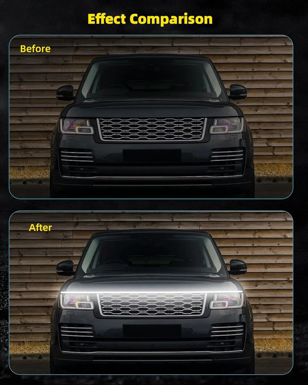 Before and after comparison of a car's front grille with LED accent lighting installed.