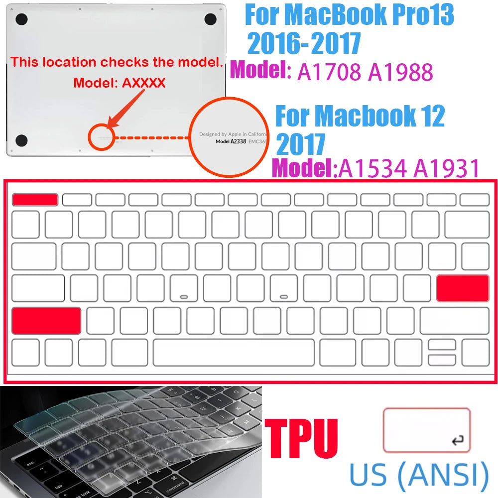 Ultra-thin TPU keyboard cover for MacBook Pro 13 and MacBook 12 models.