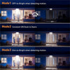 Three modes of a solar-powered security flood light showing different brightness levels for motion detection.
