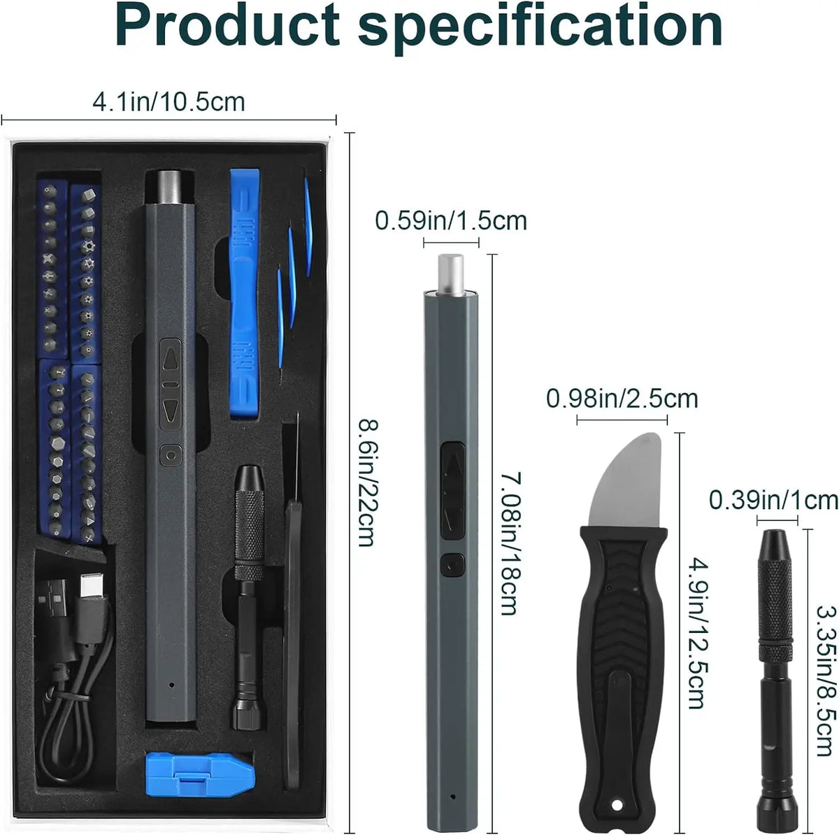 A product specification showing a cordless electric screwdriver with LED light and Type-C charging, including the tool and ac