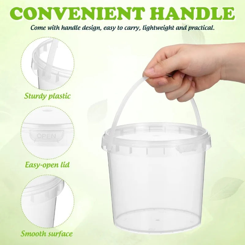 A clear plastic storage container with a handle is shown, highlighting its sturdy plastic, easy-open lid, and smooth surface.