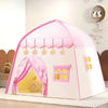 A pink flower playhouse tent with a yellow interior and pink drapery for children.