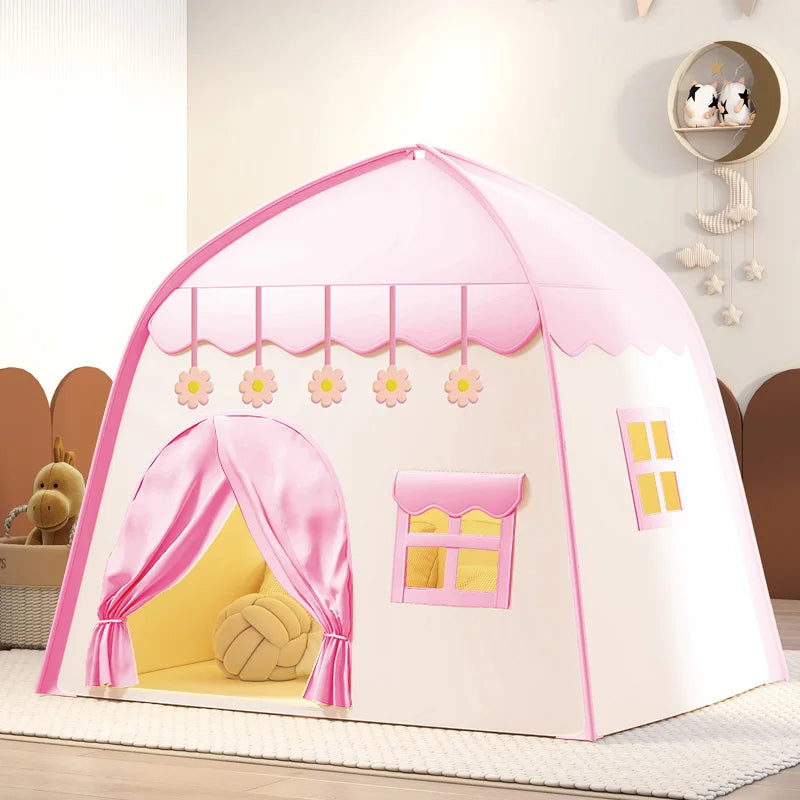 A pink flower playhouse tent with a yellow interior and pink drapery for children.