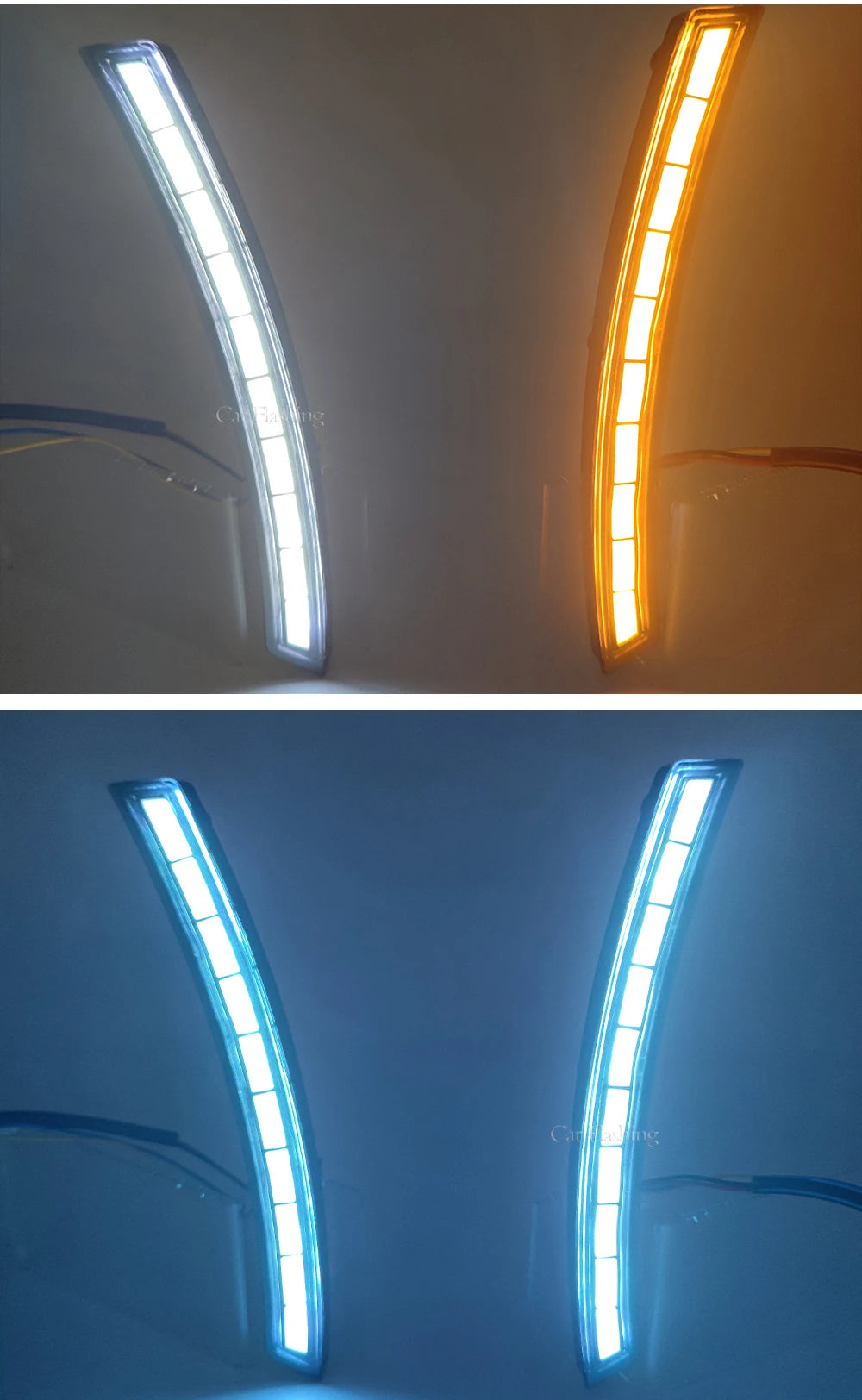 Two versions of LED daytime running lights, one white and one orange, mounted on a vehicle interior.