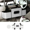 A silver backseat car organizer with cup holders and hooks is shown in a close-up view.