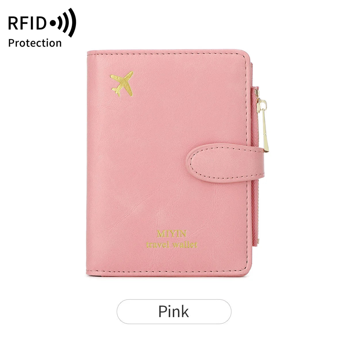 A pink leather wallet featuring an airplane pattern and RFID protection.