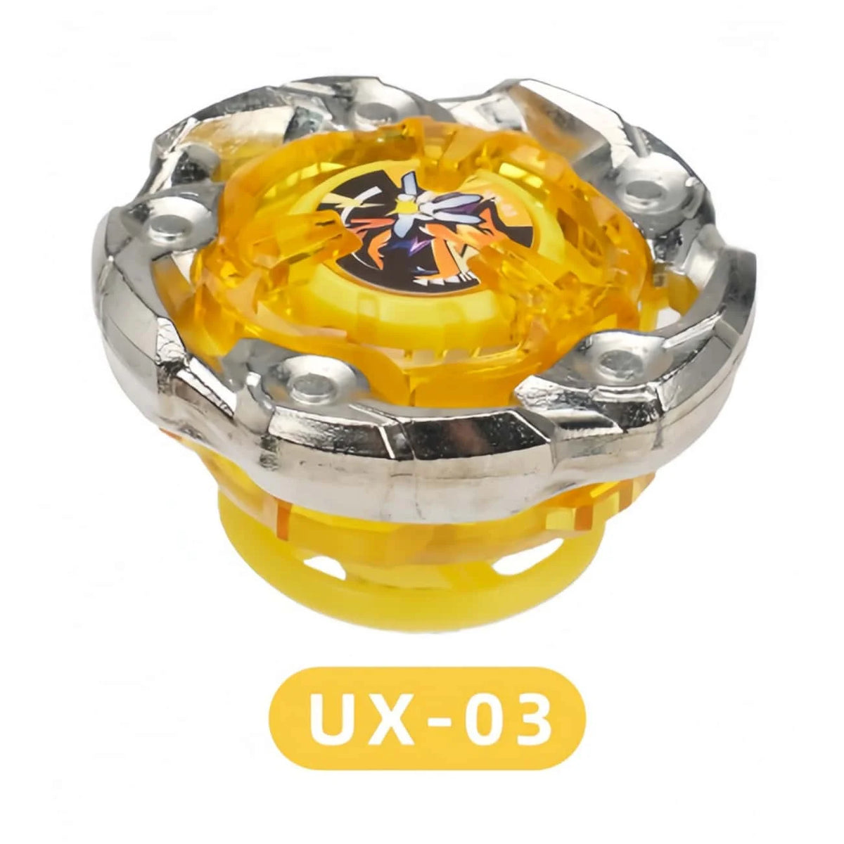 A metal spinning top battle toy with a yellow launcher and an orange-yellow spinning top.