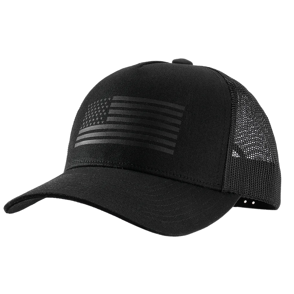 A black baseball cap featuring a patriotic stars and stripes design on the front panel.