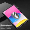 Shock-resistant tempered glass screen protector for an iPad displaying a pink and blue gradient background.