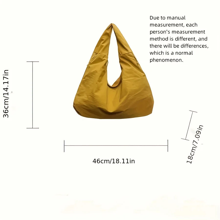 A golden yellow lightweight nylon tote bag shown from the front, with dimensions 36cm x 14.17in by 46cm x 18.11in.