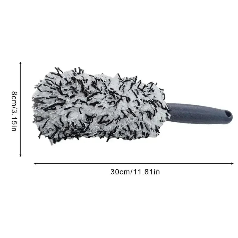 A black super plush wheel cleaning brush with an ergonomic handle shown against a white background.