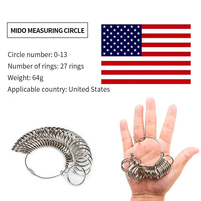 A metal ring sizing gauge featuring a circle and multiple rings, shown next to a hand.