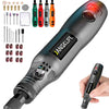 A cordless rotary tool kit for precision engraving, sanding, and drilling, showing various tips and tools.