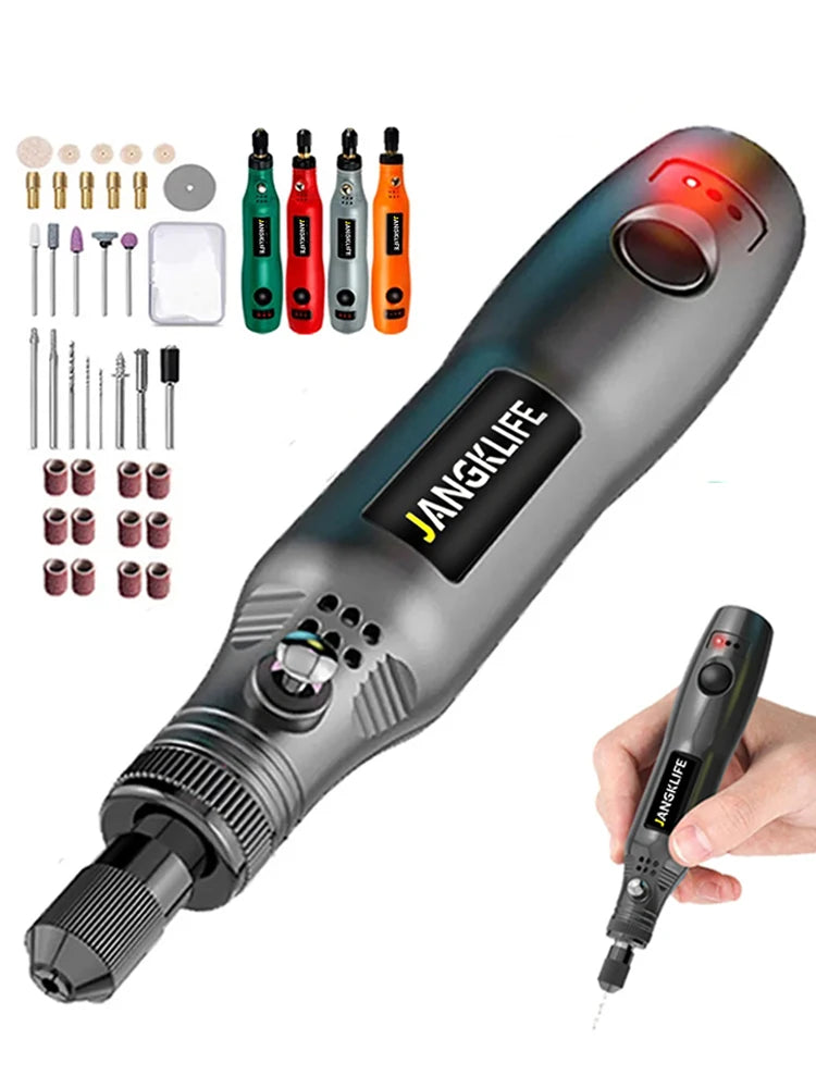 A cordless rotary tool kit for precision engraving, sanding, and drilling, showing various tips and tools.