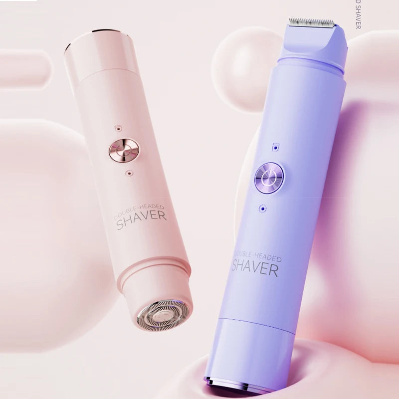 A purple double-headed shaver is shown against a soft pink background.