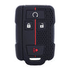 Black silicone key fob cover for a vehicle with four buttons including a lock and unlock function.
