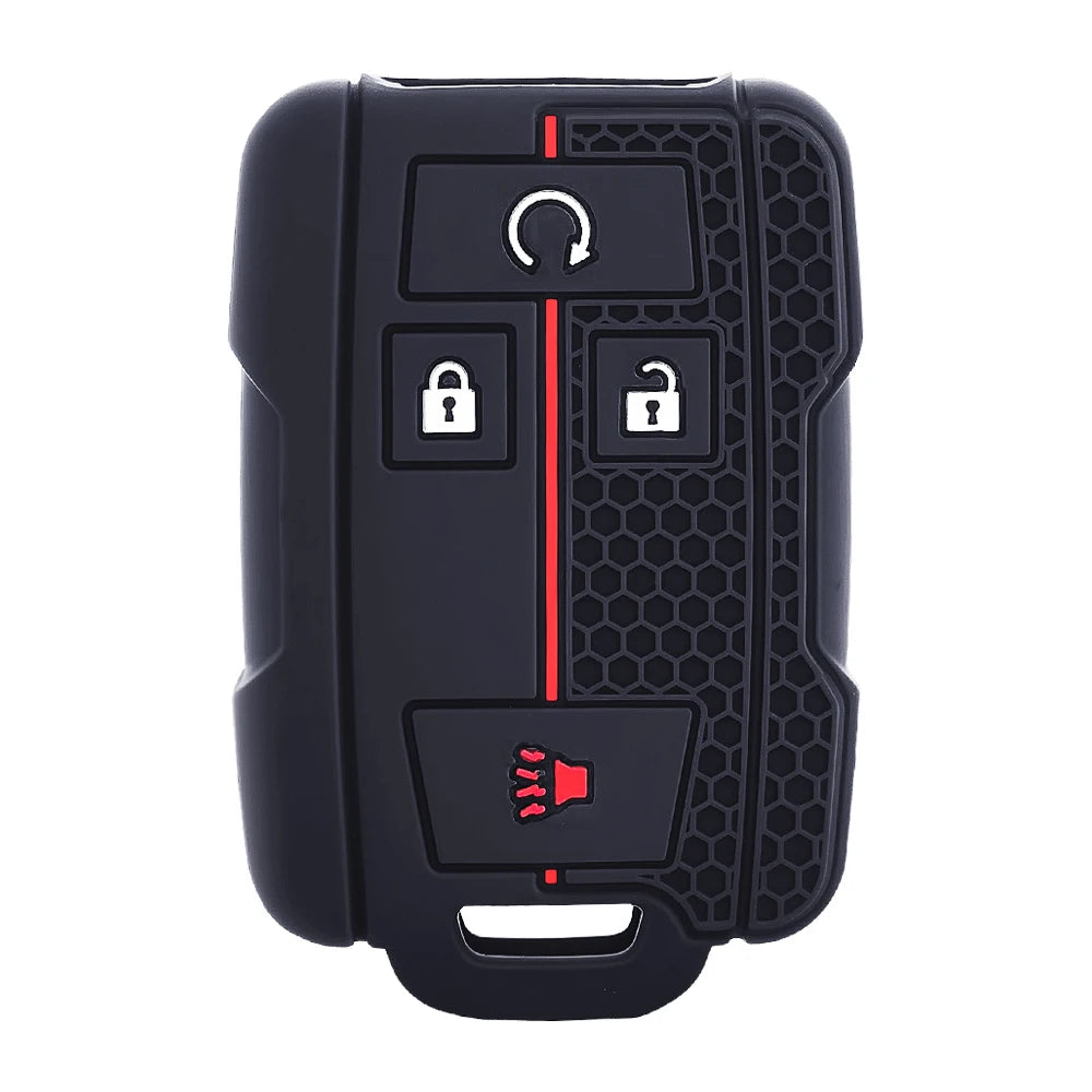 Black silicone key fob cover for a vehicle with four buttons including a lock and unlock function.