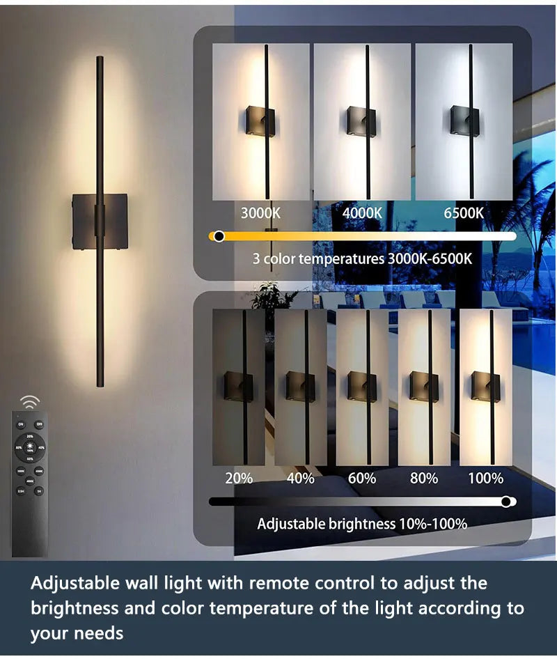 Adjustable wall light with remote control offering 3 color temperatures and dimmable brightness settings