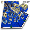 Blue and gold cotton satin grand wax fabric featuring intricate geometric patterns