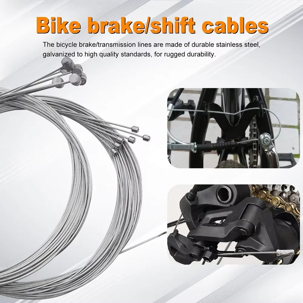 A bundle of stainless steel bicycle brake and shift cables with a wire cutter shown next to a bicycle component.
